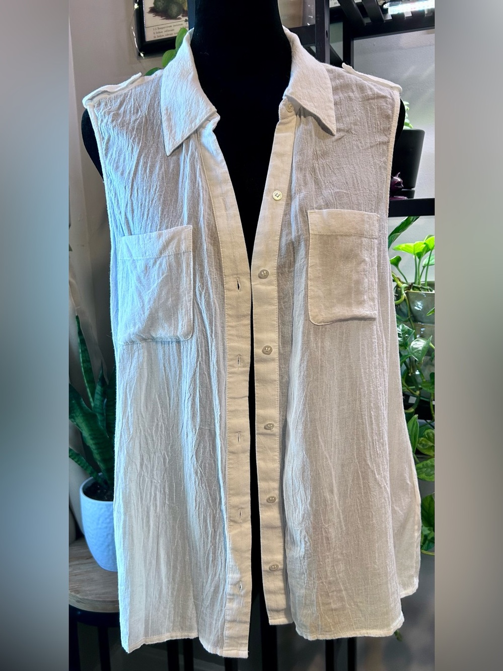 Joie 100% Cotton Sleeveless Button-Front White Sheer Textured Shirt
